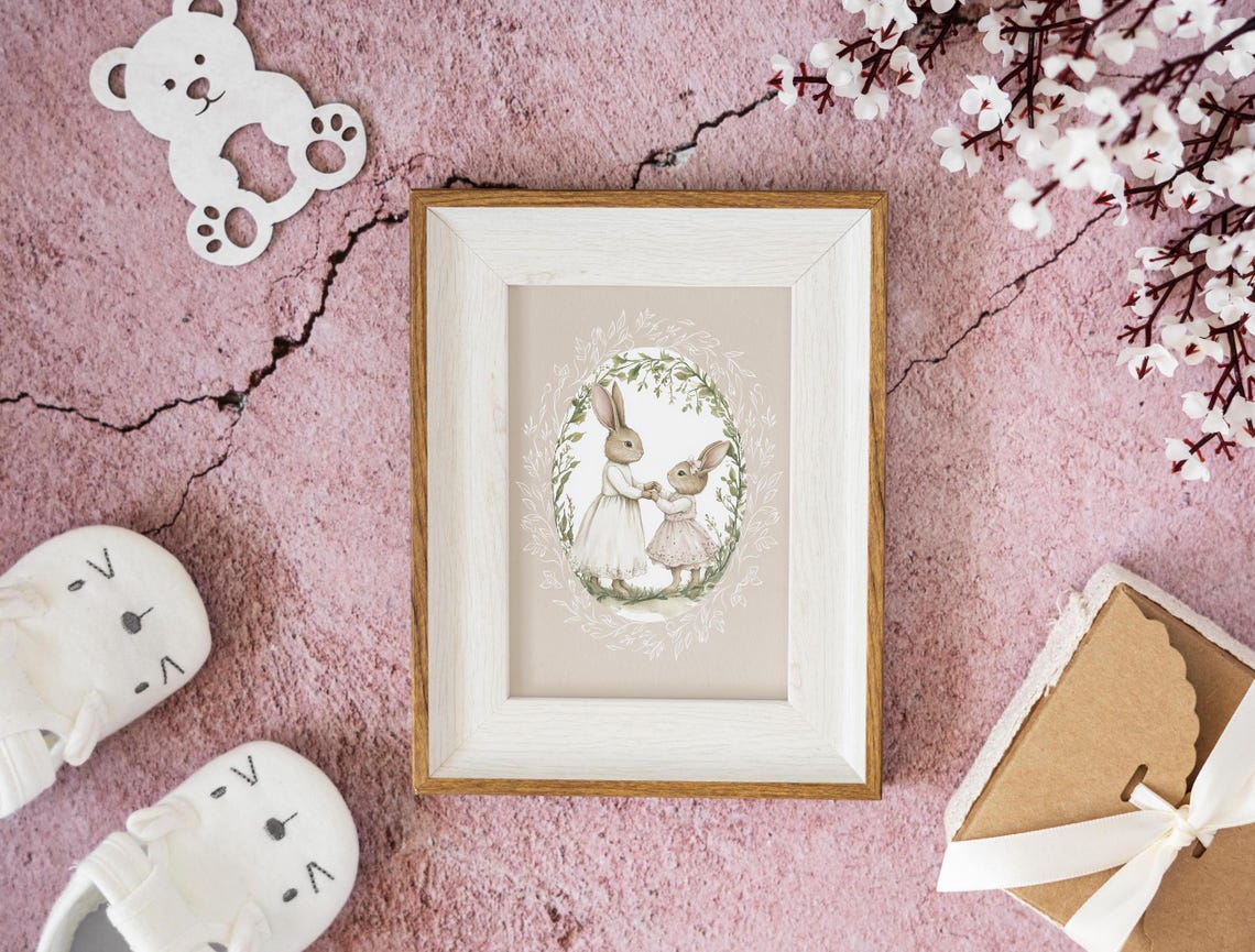 Two Bunny Sisters Holding Hands Under a Leafy Garden Arch Poster - Image 4