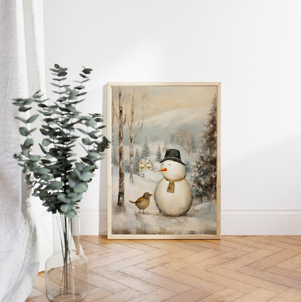 Cute Snowman with Bird in Snowy Christmas Village Art Poster - Image 5
