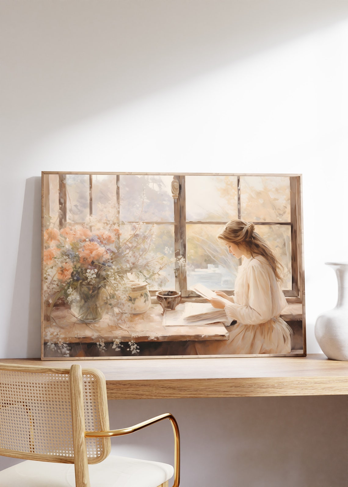 Woman Reading by a Sunlit Window with Flowers in Cozy Style Wall Art - Image 8
