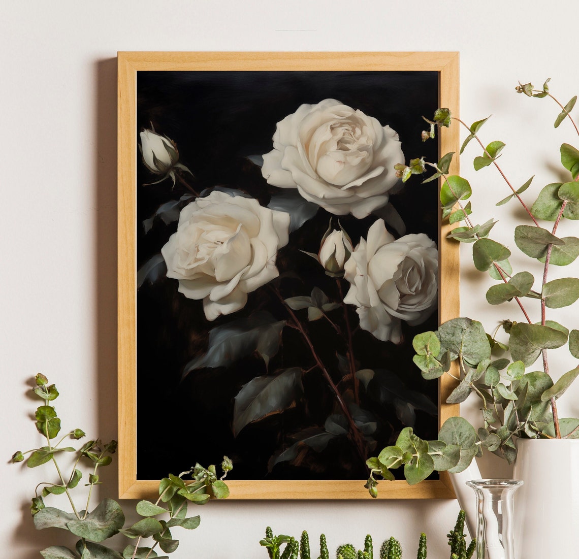 White Roses on Black Background Classic Painterly Floral Poster