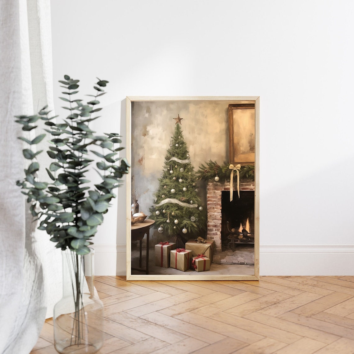 Vintage Christmas Tree with Star Topper Beside Brick Fireplace Poster - Image 3
