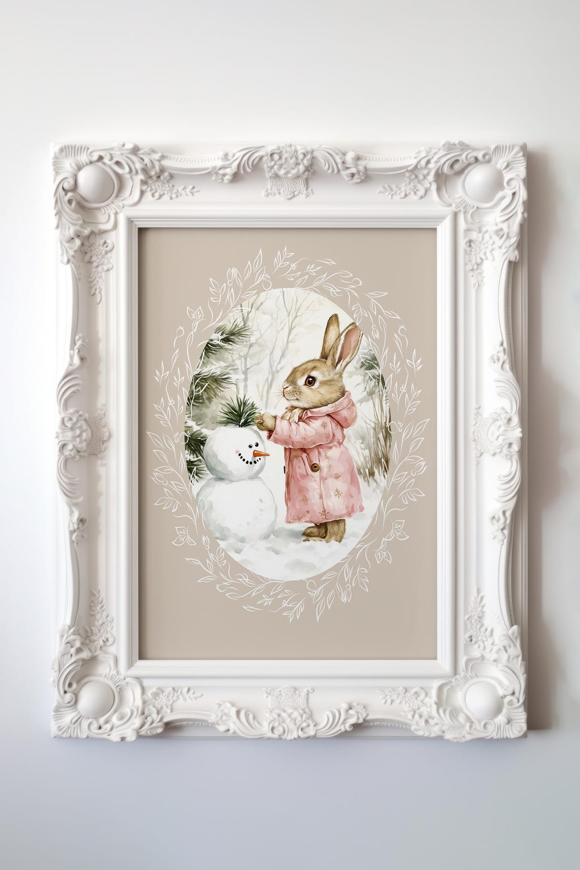 Bunny Placing a Pine Sprig on a Snowman in Snowy Woods Poster