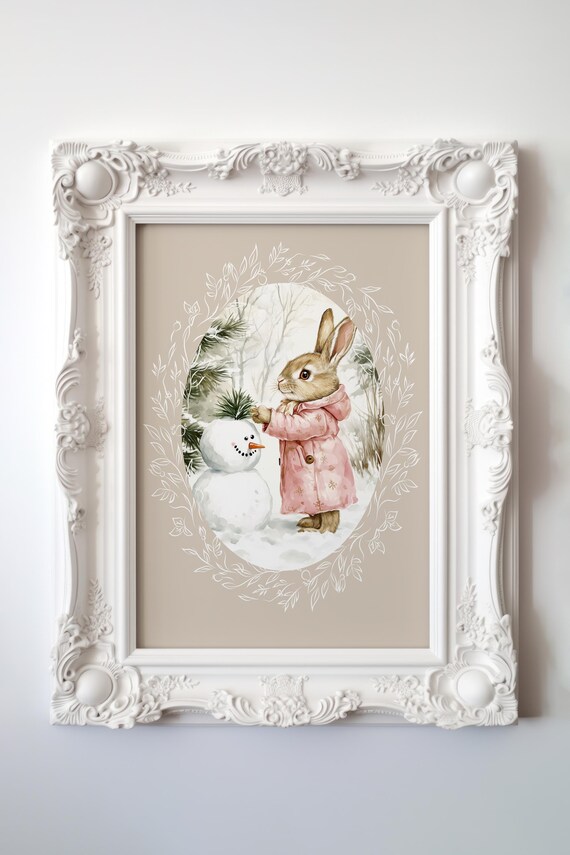 Bunny Placing a Pine Sprig on a Snowman in Snowy Woods Poster