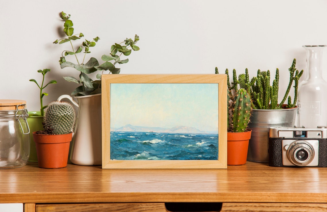 Bright Blue Ocean Waves Distant Coast Vintage Seascape Painting Poster - Image 2