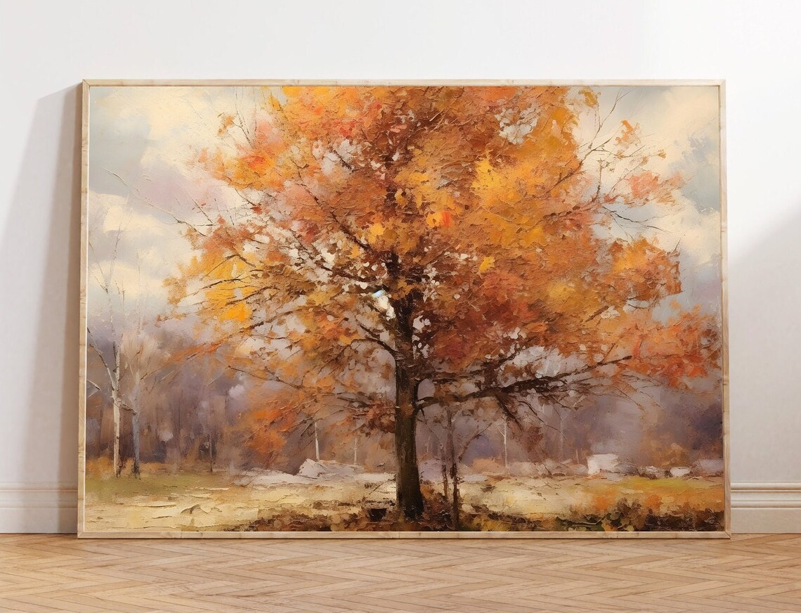 Moody Autumn Woods Trees Painting, Rustic Art