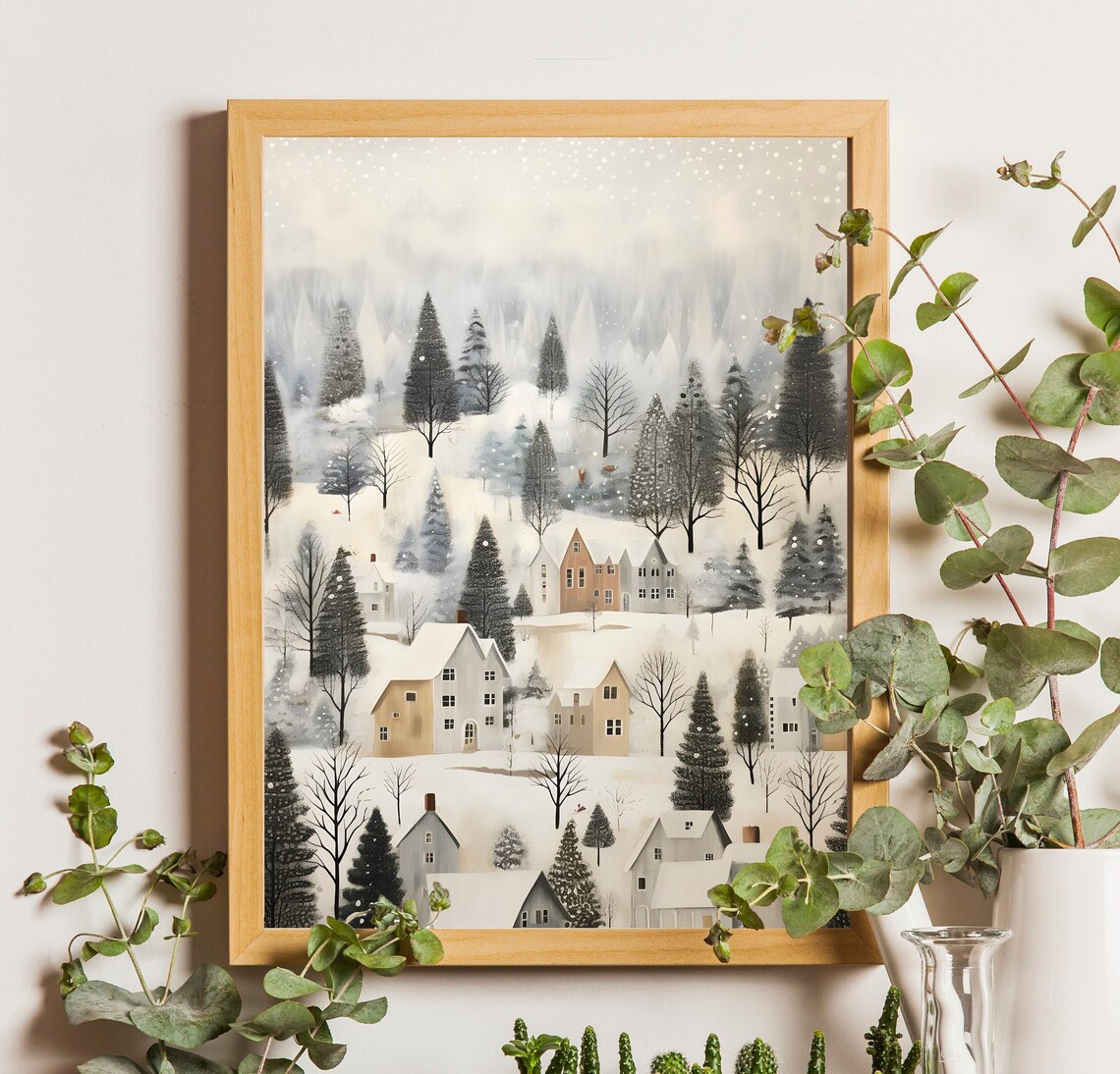 Village Christmas Watercolor Art Print, Farmhouse