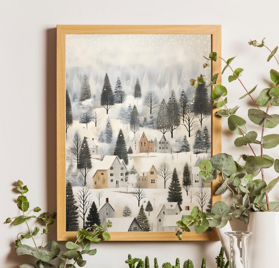 Village Christmas Watercolor Art Print, Farmhouse