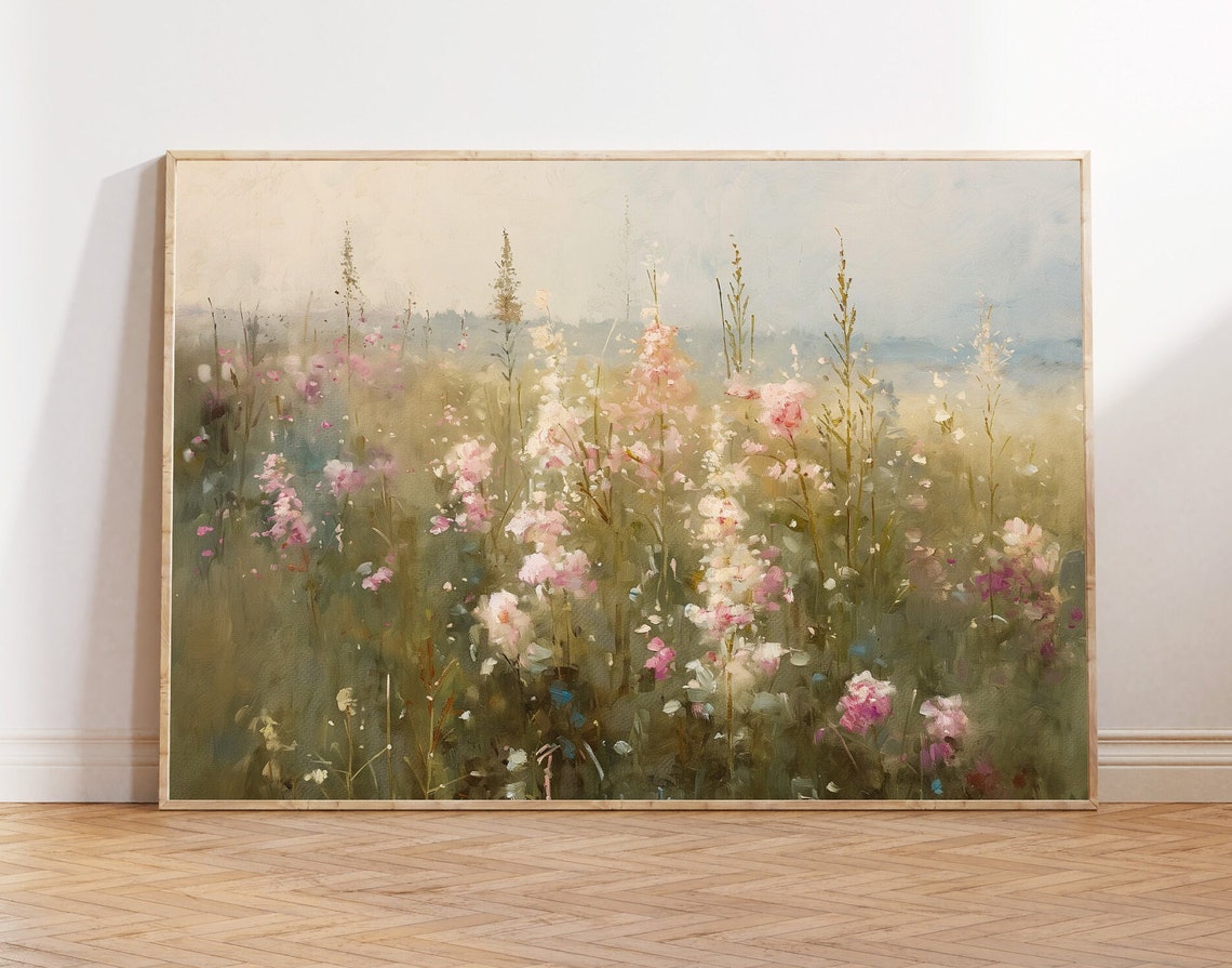 Pink Wildflower Meadow in Soft Morning Light Impressionist Poster