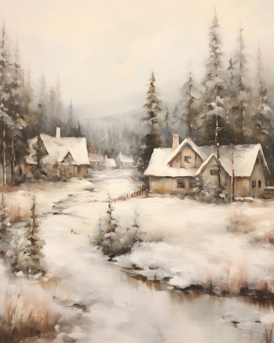 White Christmas Painting Winter Wonderland Art Print Winter Landscape Christmas Print Vintage Winter Village Painting - Image 6