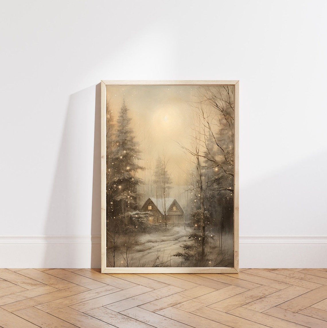 Snowy Forest Cabin with Glowing Windows under Winter Moon Poster - Image 5