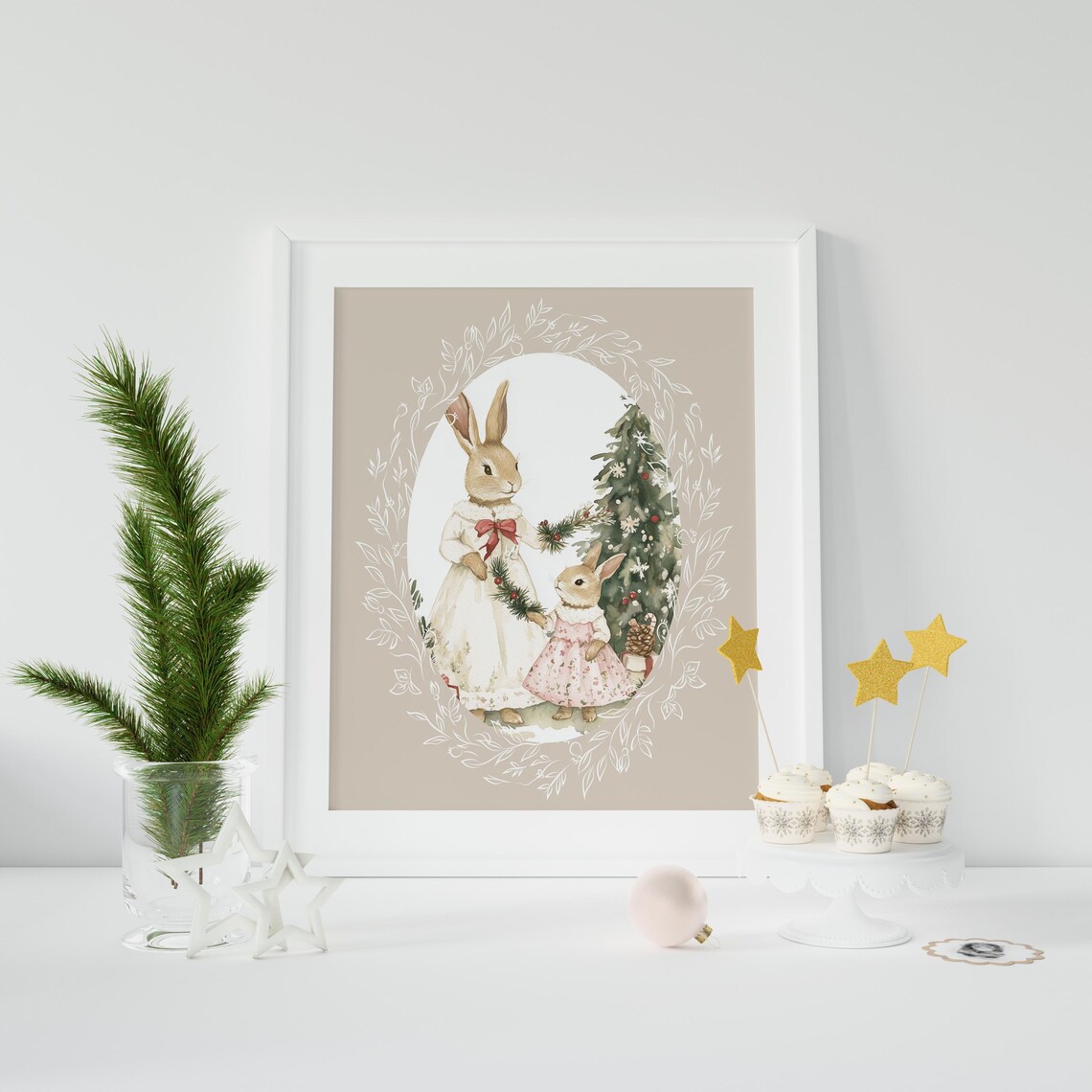 Christmas Bunny Mother And Baby, Vintage Nursery Art Print - Image 3
