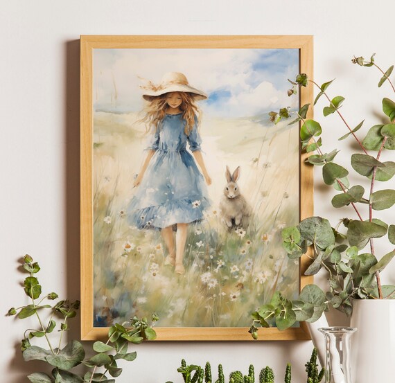 Girl in a Meadow with a Grey Bunny Summer Watercolor Wall Art