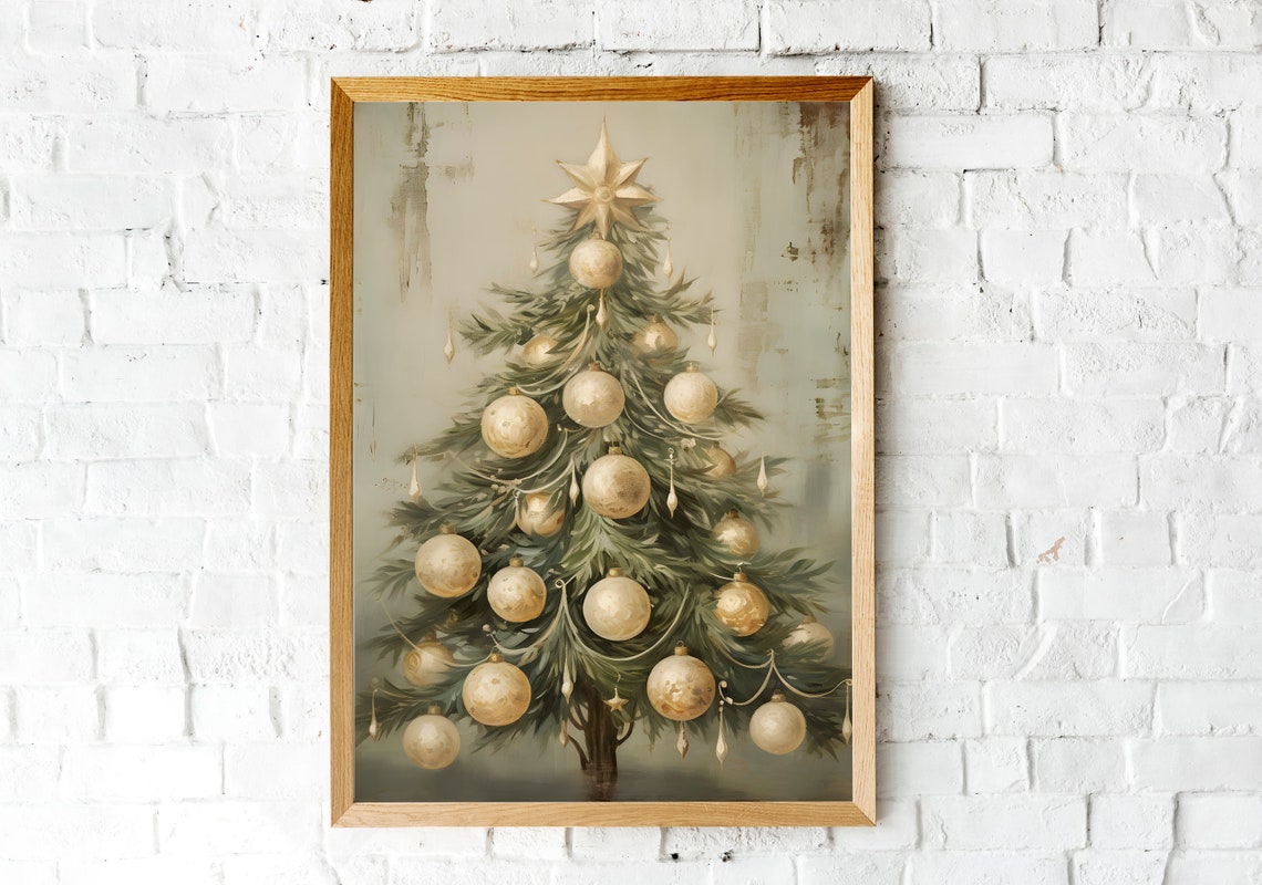 Vintage Christmas Tree with Cream Gold Ornaments Star Topper Poster - Image 2