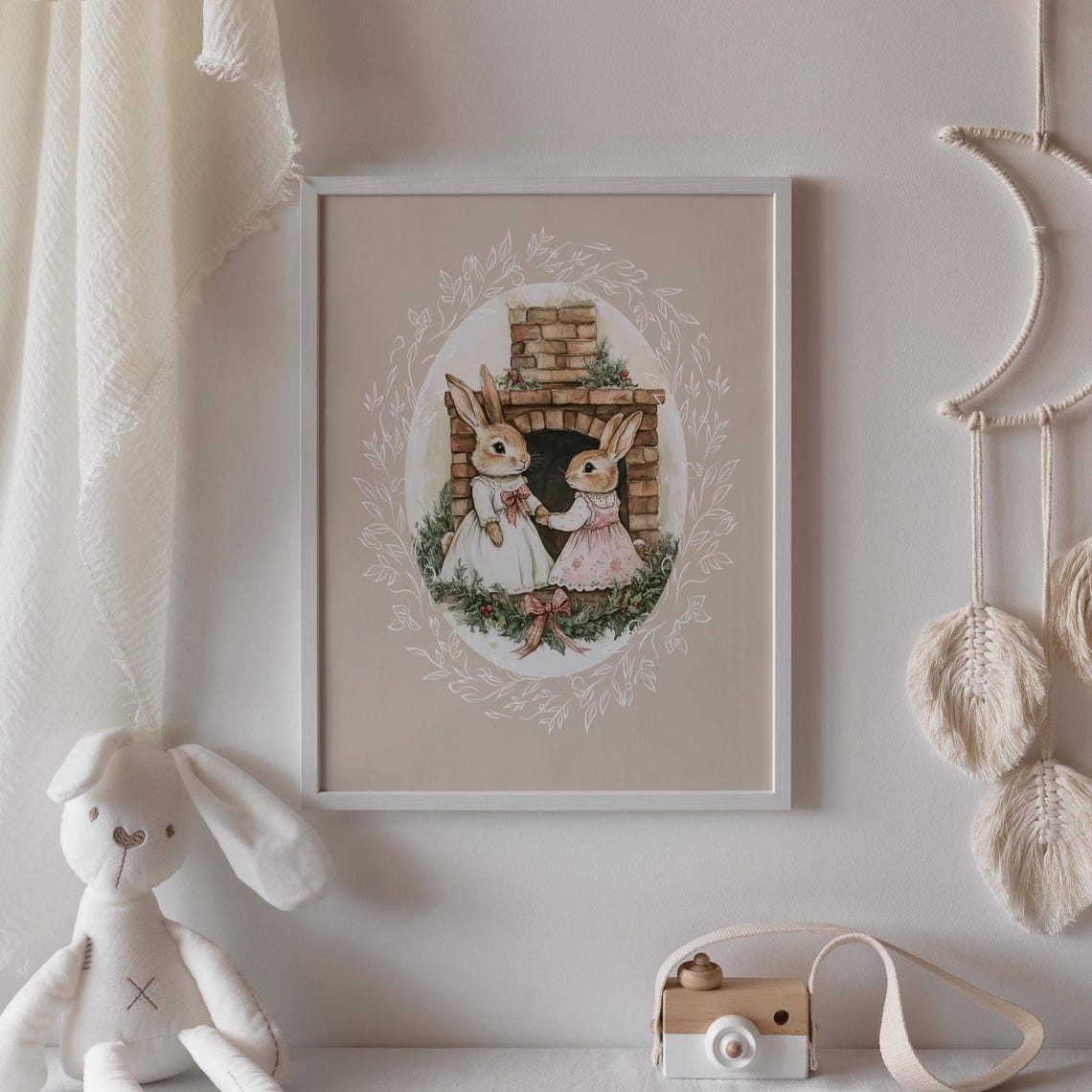Two Bunny Sisters by a Brick Fireplace with Christmas Garland Poster - Image 4