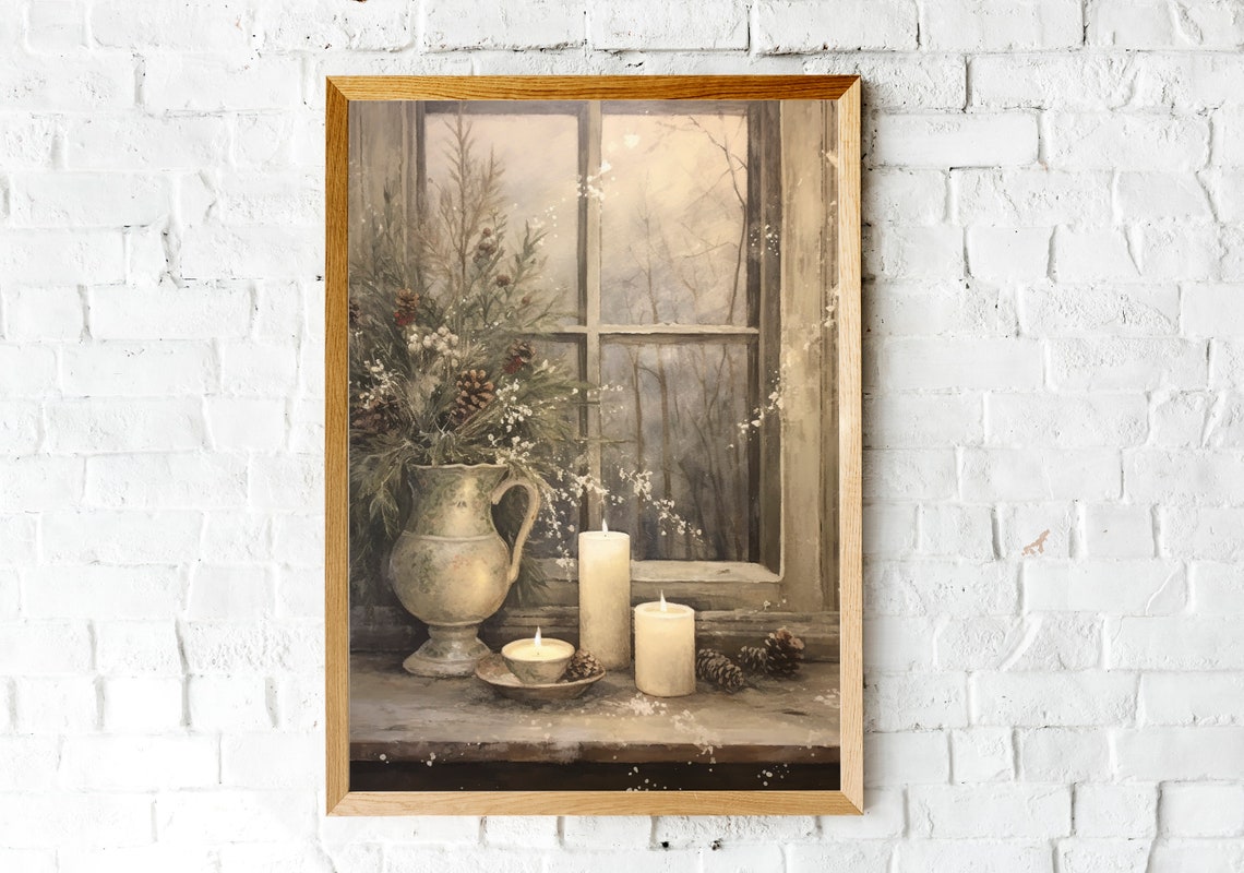 Stoneware Pitcher with Snowy Pine and Candles at Window Poster - Image 2