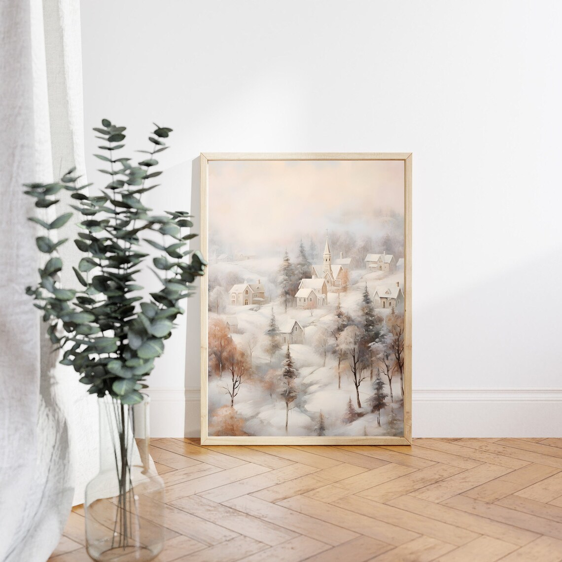 Vintage Winter Village Painting, Country Winter Scene - Image 3