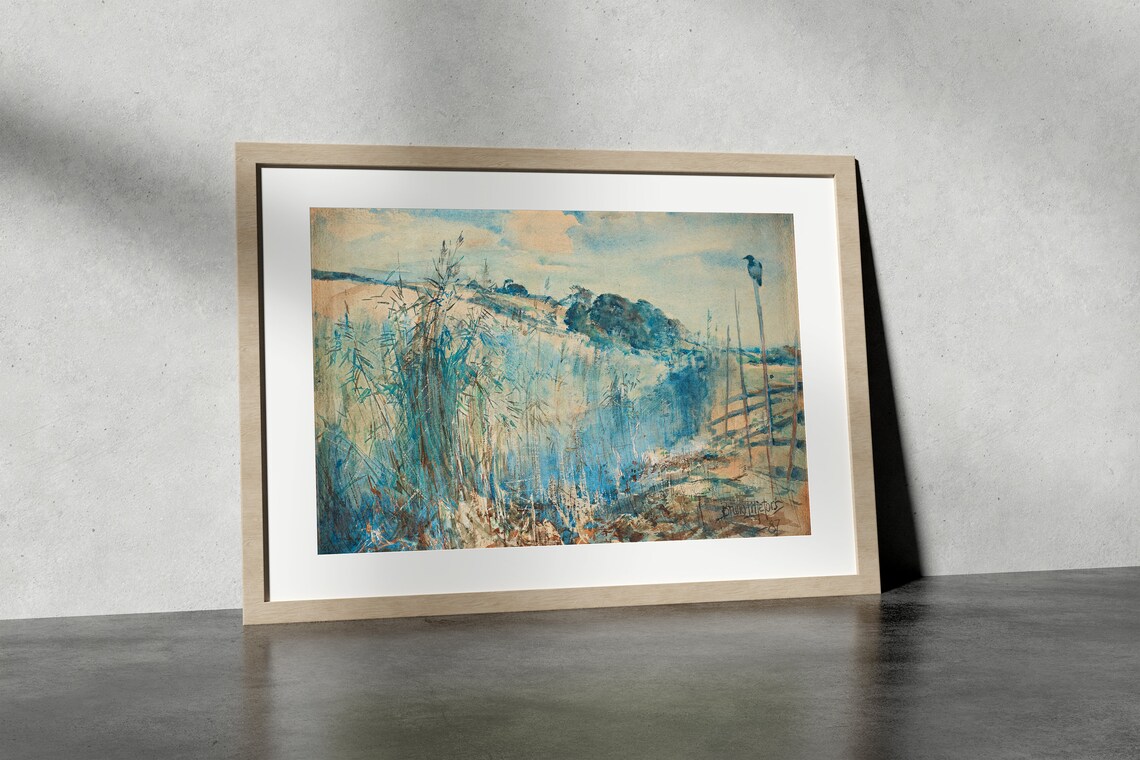Blue Marsh Reeds Crow On Pole Watercolor Wildlife Painting Poster - Image 4