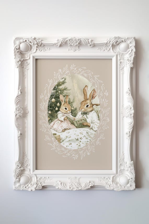 Mother Bunny Rabbit Reading To Baby Wall Art Cottagecore Wall Decor Mom Baby Print Bunny Wall Art Holiday Nursery Decor