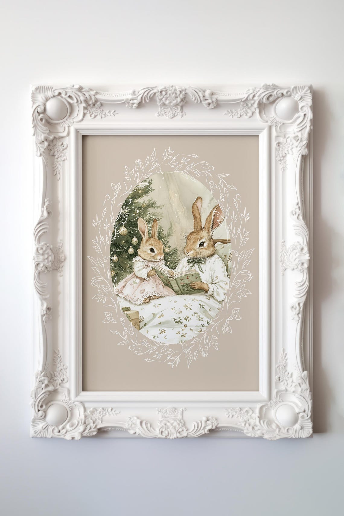 Two Bunnies Reading a Book Together in Bed by Christmas Tree Poster