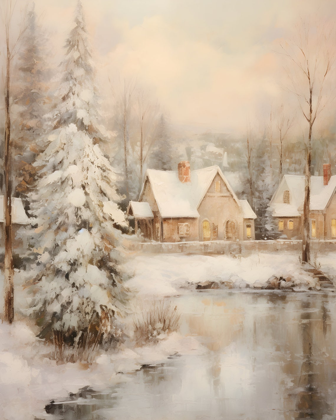 Snowy Cabins by a Frozen Pond with Tall Pines Winter Scene Poster - Image 6