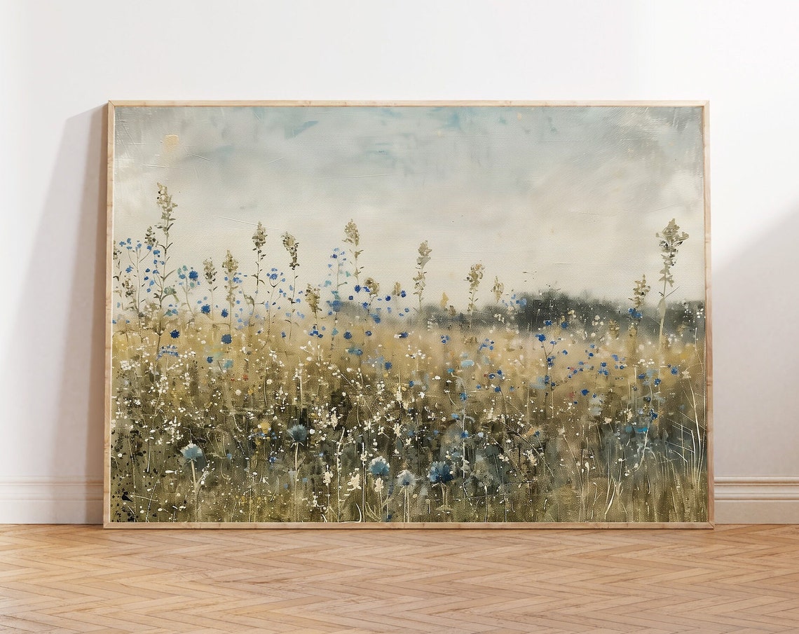 Blue Wildflower Field under Cloudy Sky Rustic Landscape Poster - Image 7