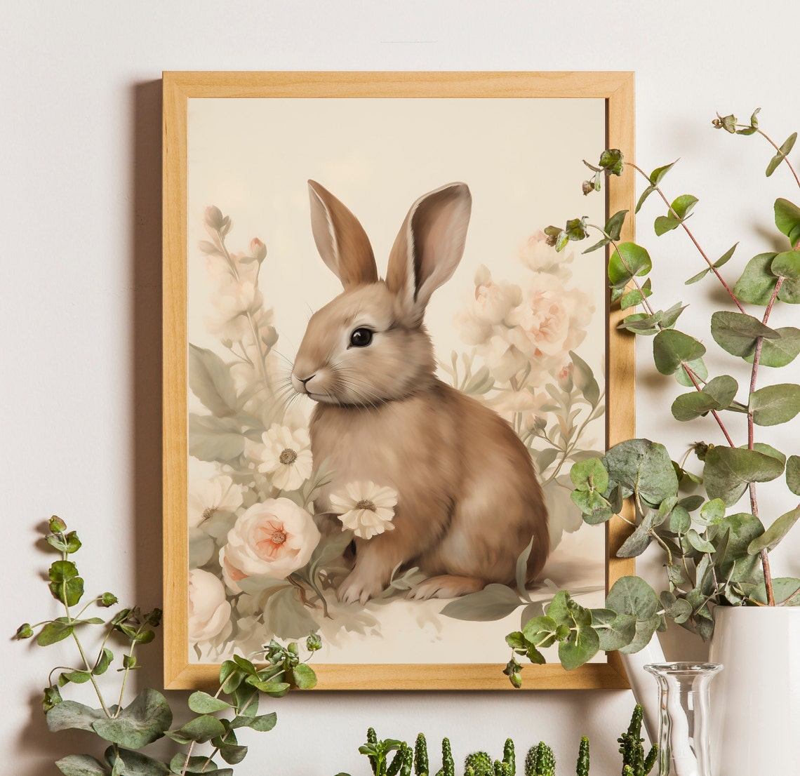Tan Rabbit Portrait Among Roses Vintage Spring Nursery Wall Art