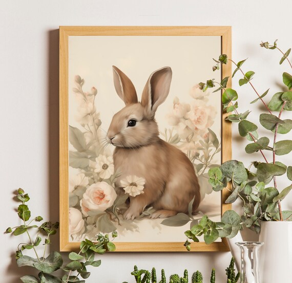 Tan Rabbit Portrait Among Roses Vintage Spring Nursery Wall Art