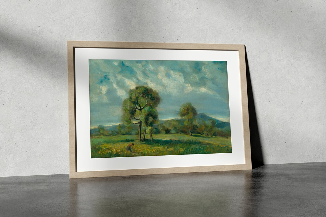 Vintage Country Landscape Painting Green Meadow Tree Rustic Art Poster - Image 4