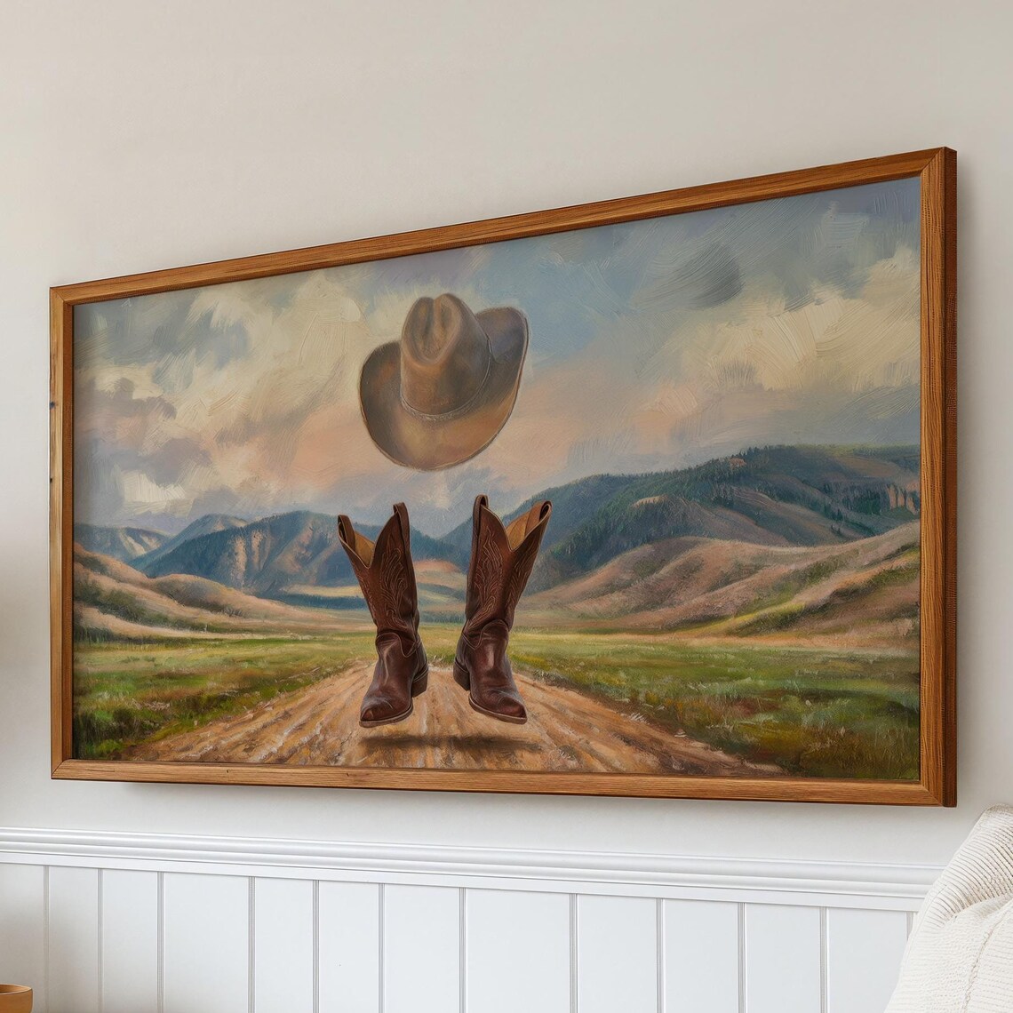 Floating Cowboy Boots Hat Western Mountain Road Sunset Painting Poster - Image 4