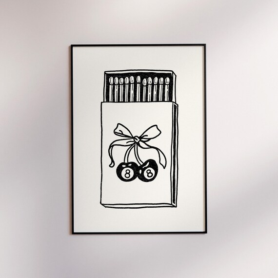 Matchbox With Eight Ball Cherries Retro Black And White Poster