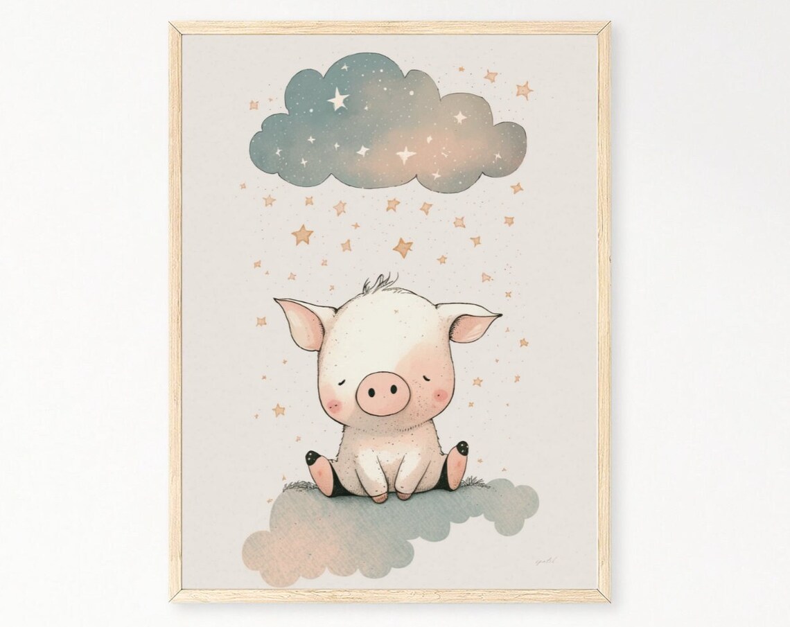 Sleepy Baby Piglet Under Starry Night Cloud Nursery Art Print