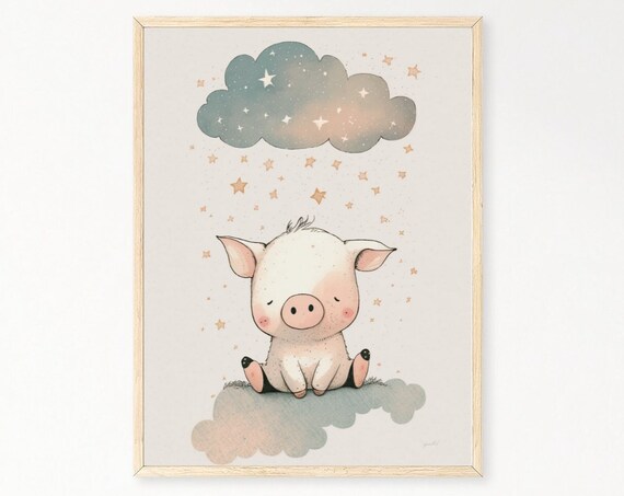 Sleepy Baby Piglet Under Starry Night Cloud Nursery Art Print