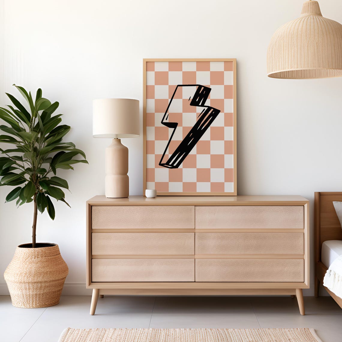 Lightning Bolt Girls Wall Art Checkered Retro Girls Wall Art Tween Bedroom Art Girl Bedroom Art Nursery Art Playroom Art Boho Pink - Image 2