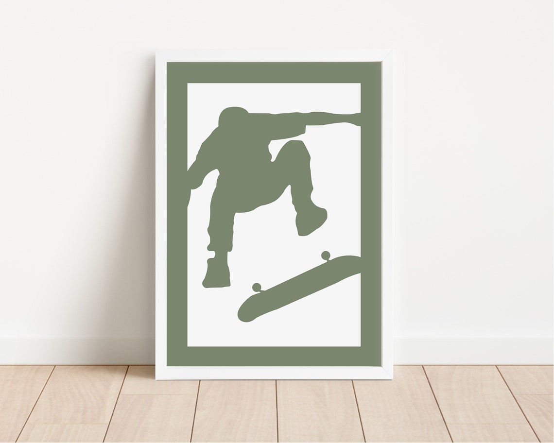 Olive Green Skateboarder Silhouette Poster Trick Jump Boys Room Decor - Image 3