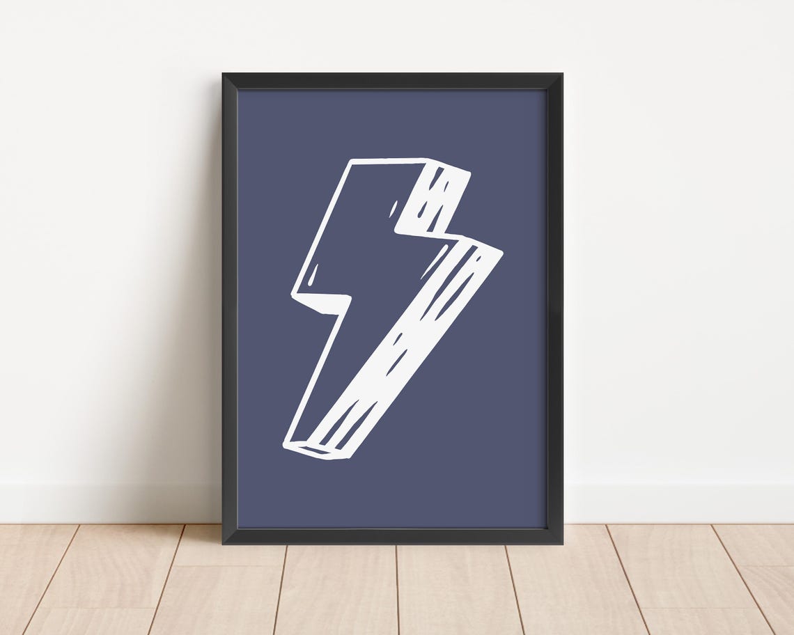 White Lightning Bolt Navy Blue Bold Kids Bedroom Decor Poster - Image 3
