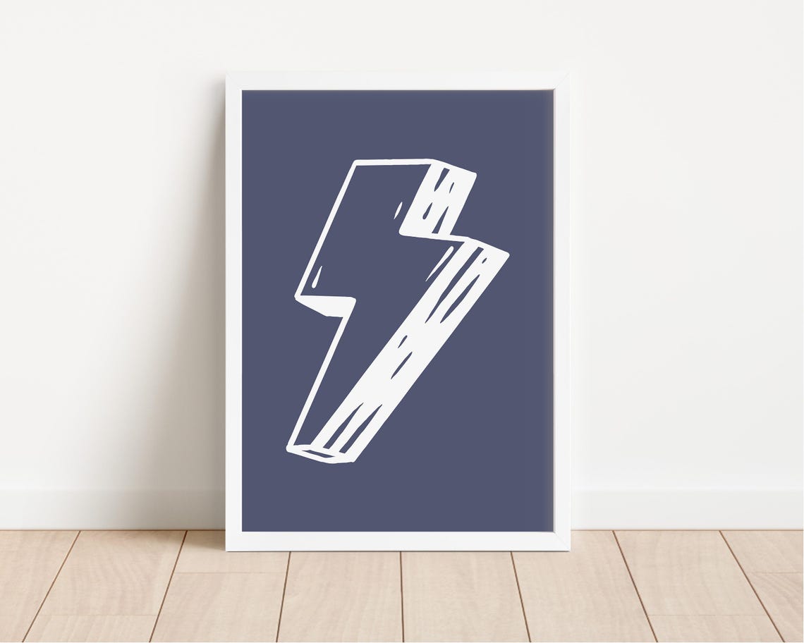 White Lightning Bolt Navy Blue Bold Kids Bedroom Decor Poster