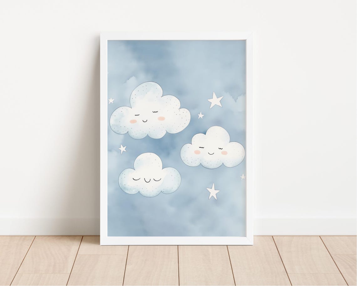 Smiling Cloud Faces Watercolor Poster Blue Sky Nursery Baby Room Decor - Image 2