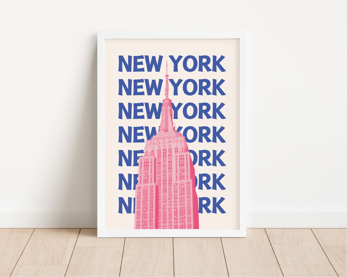 New York Retro Blue Pink Empire State Building Travel Poster - Image 2