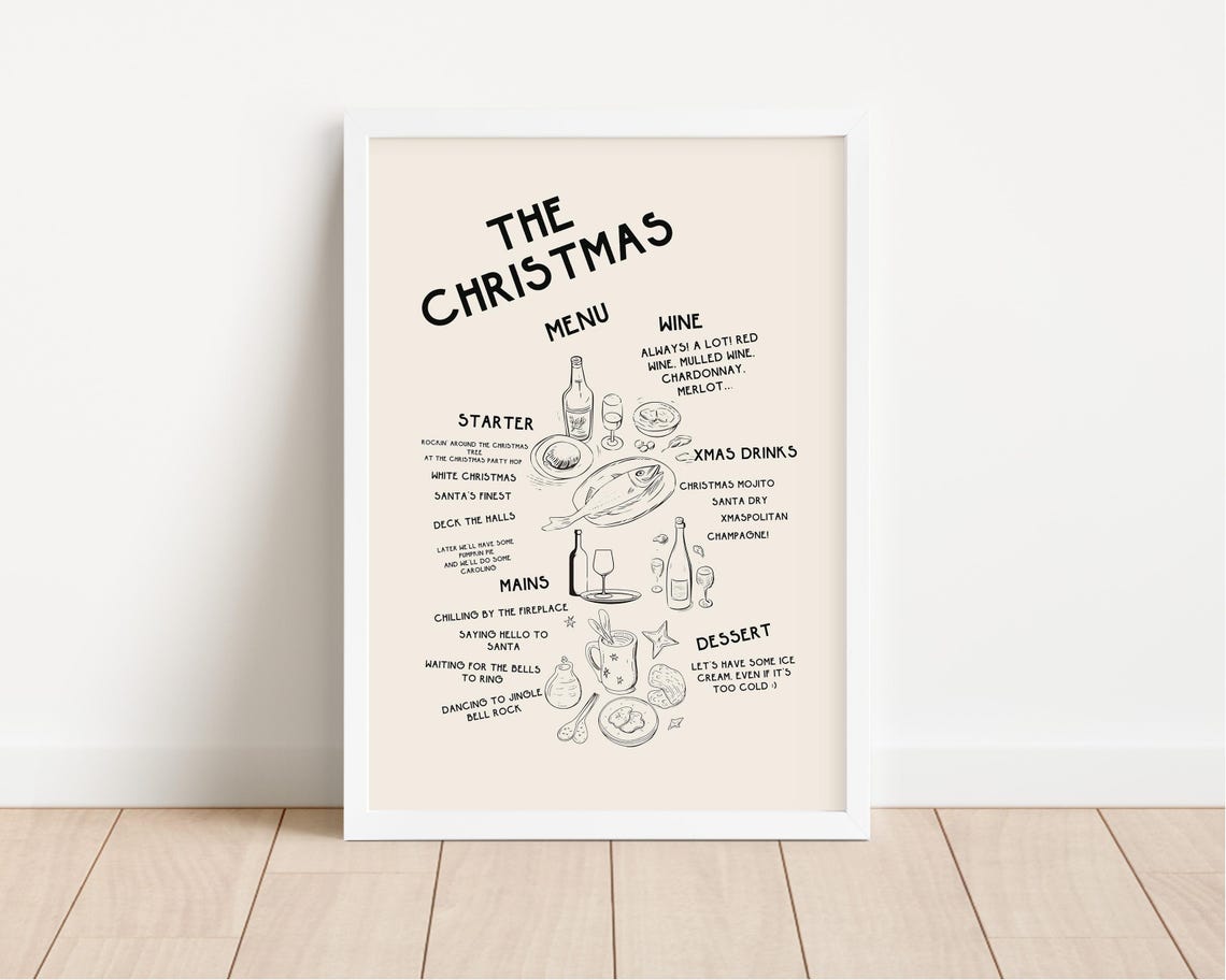 Fun Hand Drawn Christmas Menu Holiday Dinner Party Kitchen Poster - Image 2
