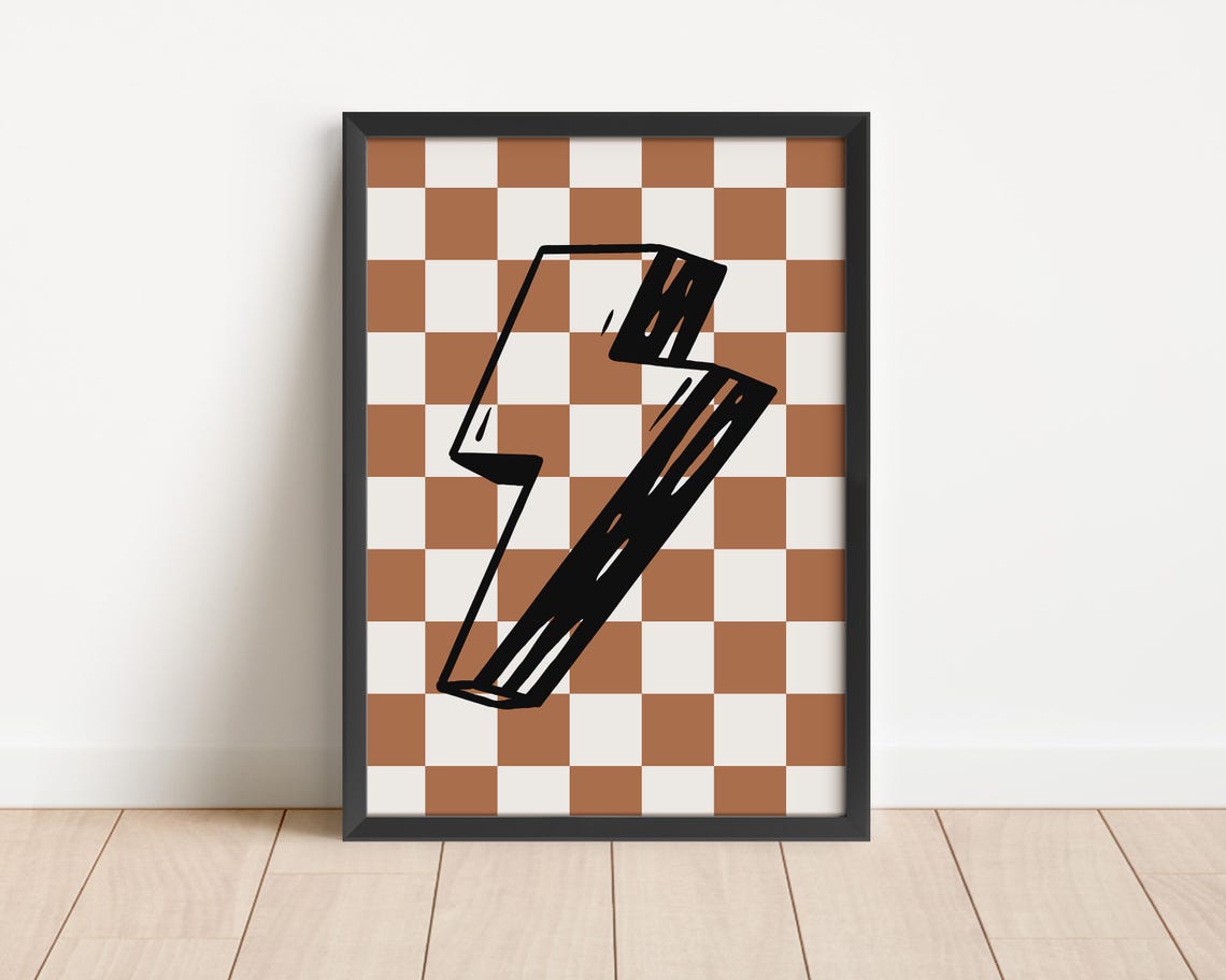 Lightning Bolt Brown Checkerboard Bold Kids Room Decor Poster - Image 2