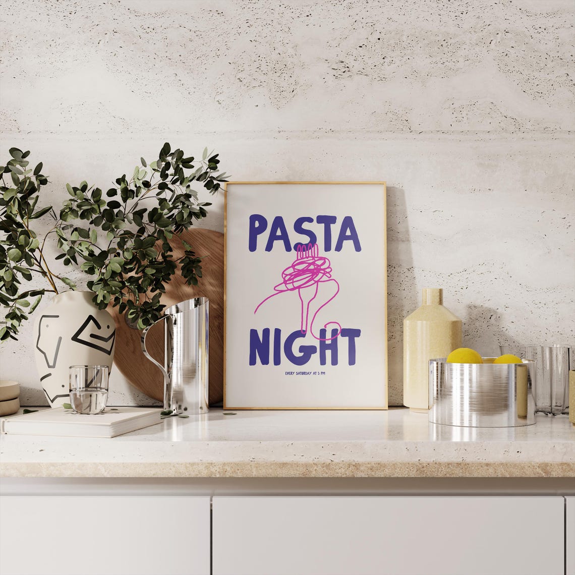 Pasta Night Every Saturday at 5 PM Hand Drawn Spaghetti Kitchen Print - Image 4