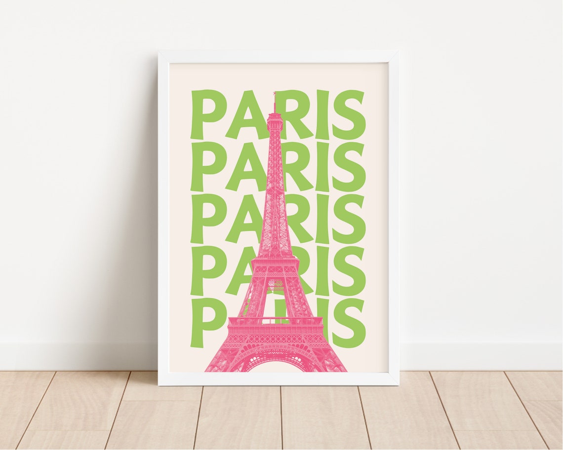 Paris Retro Green Pink Eiffel Tower France Summer Travel Poster - Image 2