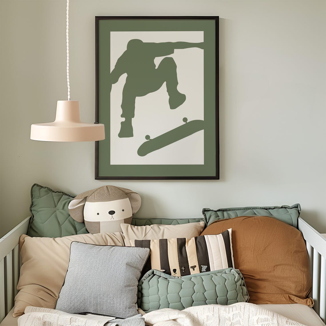 Olive Green Skateboarder Silhouette Poster Trick Jump Boys Room Decor