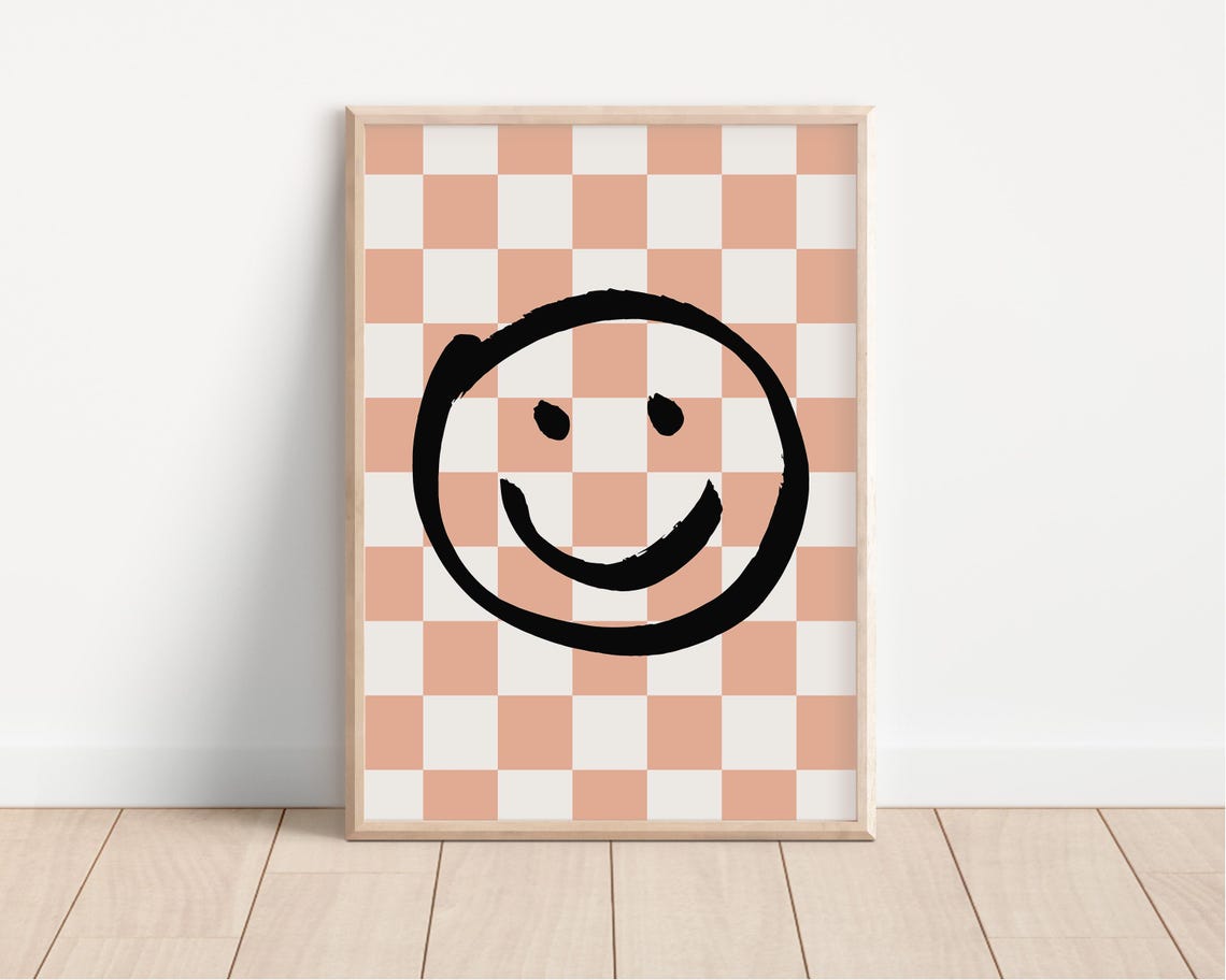 Smiley Face Girls Wall Art Checkered Retro Girls Wall Art Tween Bedroom Art Girl Bedroom Art Nursery Art Playroom Art Boho Pink - Image 4