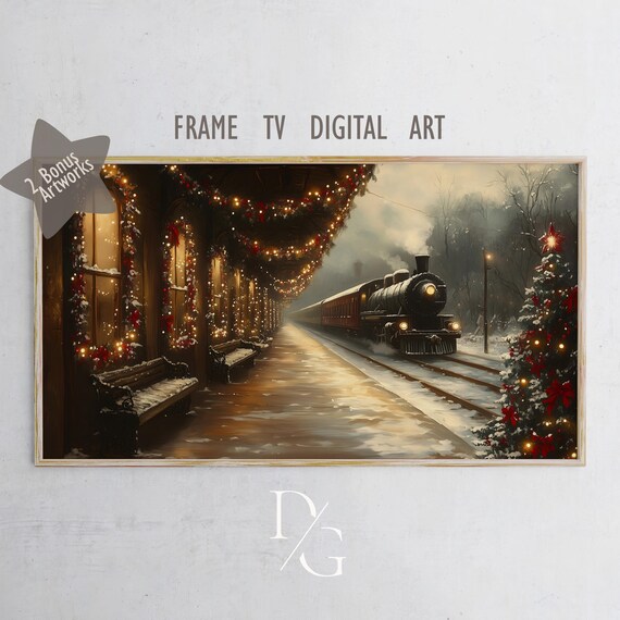 Christmas Steam Train Station on Winter Night Frame TV Poster