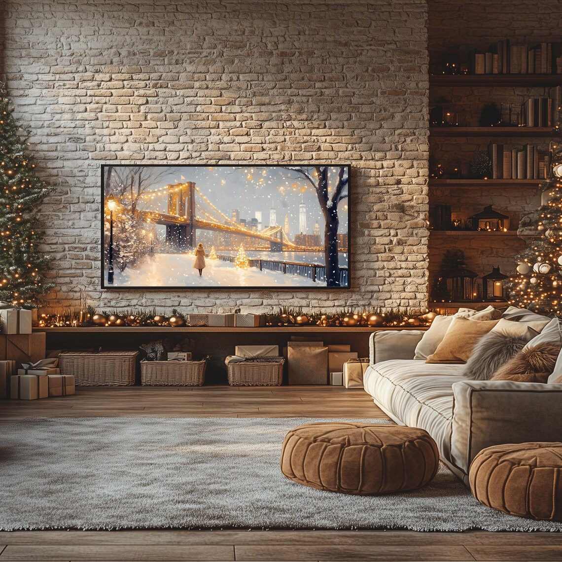 Snowy New York City Brooklyn Bridge at Night Frame TV Poster - Image 3