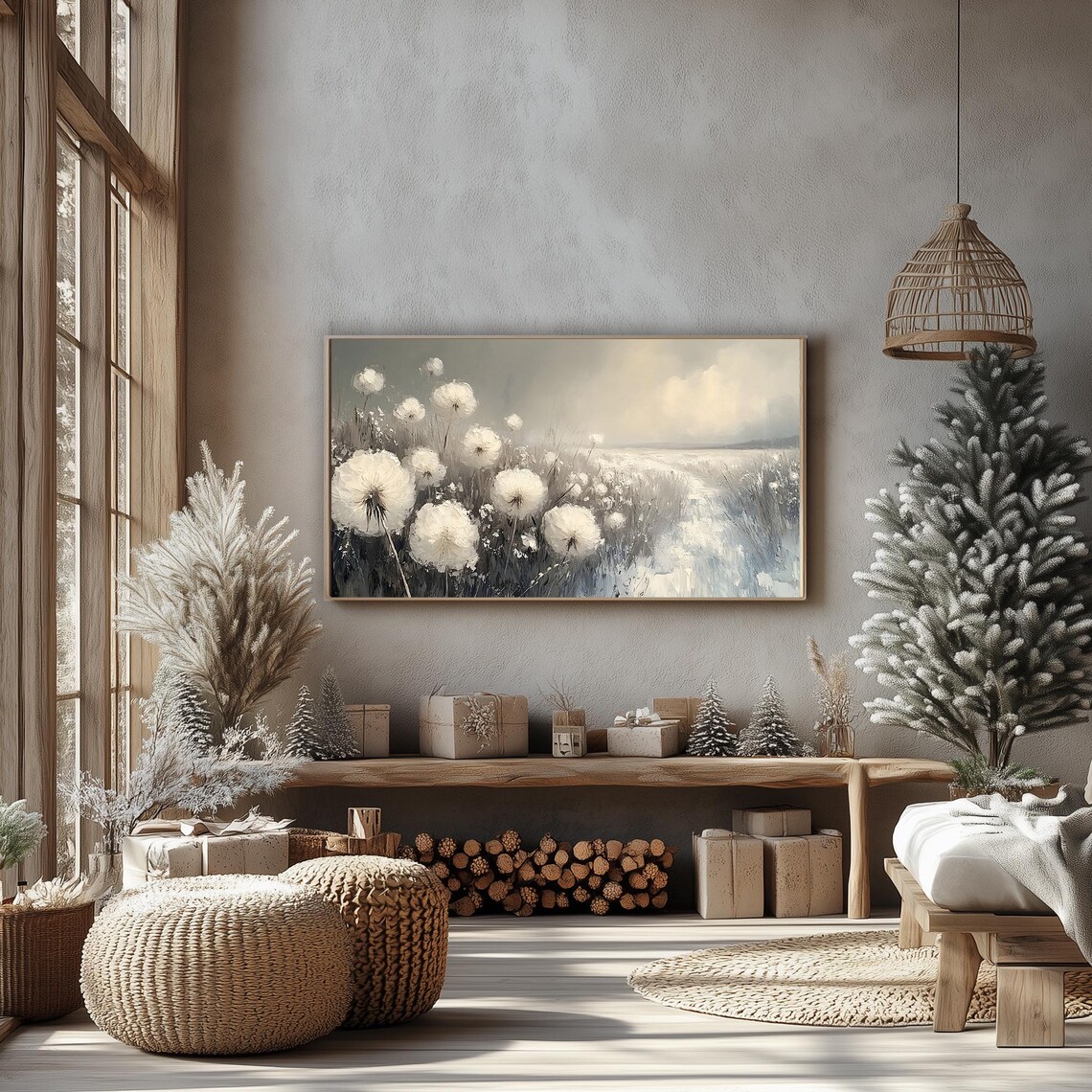 White Wildflowers Winter Field Misty Botanical Painting Frame TV Poster - Image 3