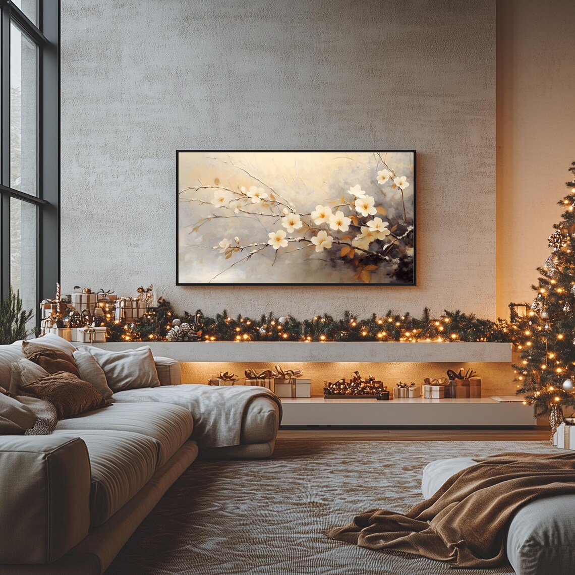 White Winter Blossoms Delicate Floral Branches Painting Frame TV Poster - Image 3