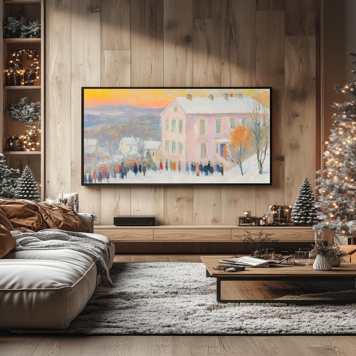 Pastel Winter Gathering Pink House Snowy Dusk Impressionist Frame TV Poster - Image 3