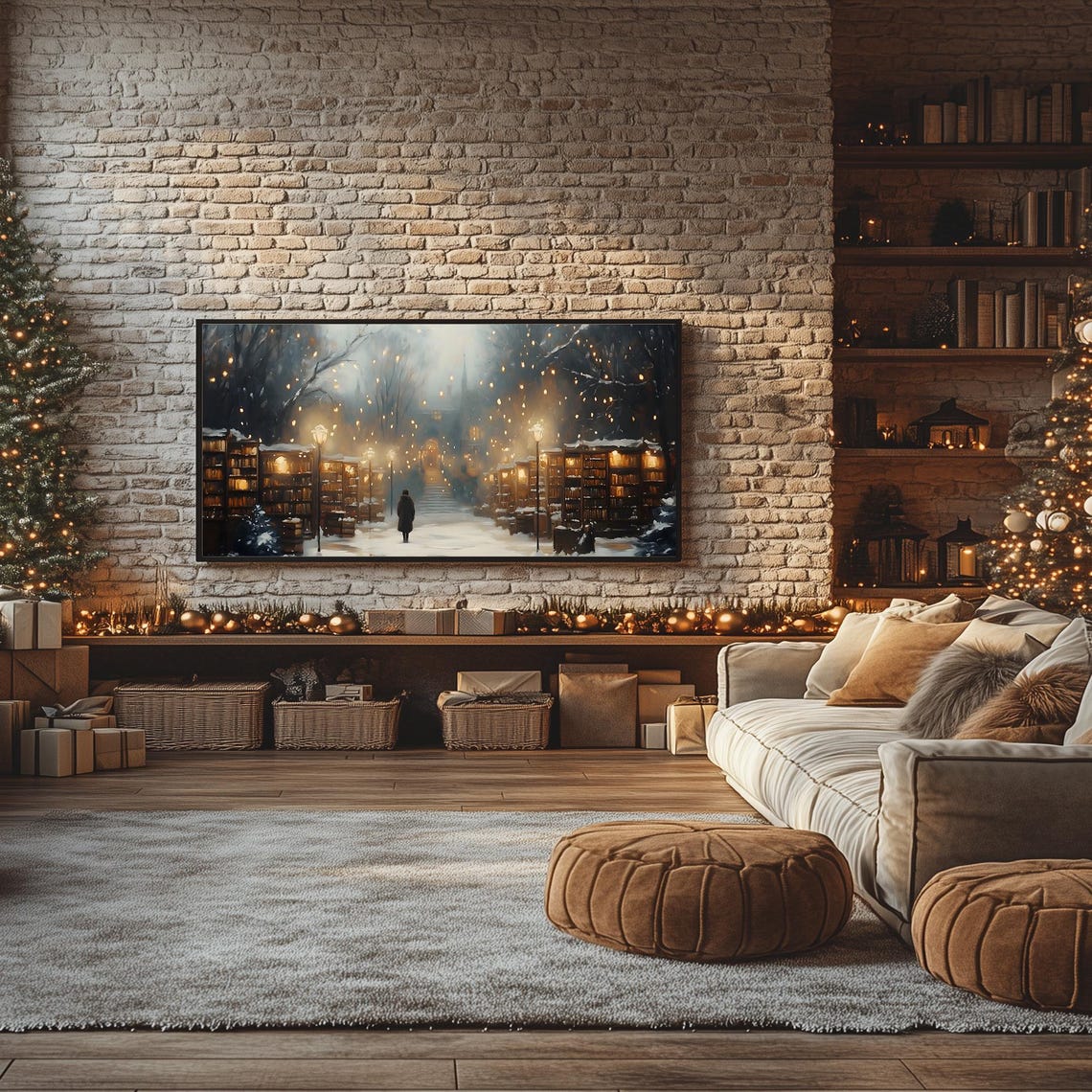 Snowy Book Market Street with Glowing Shelves Frame TV Poster - Image 3